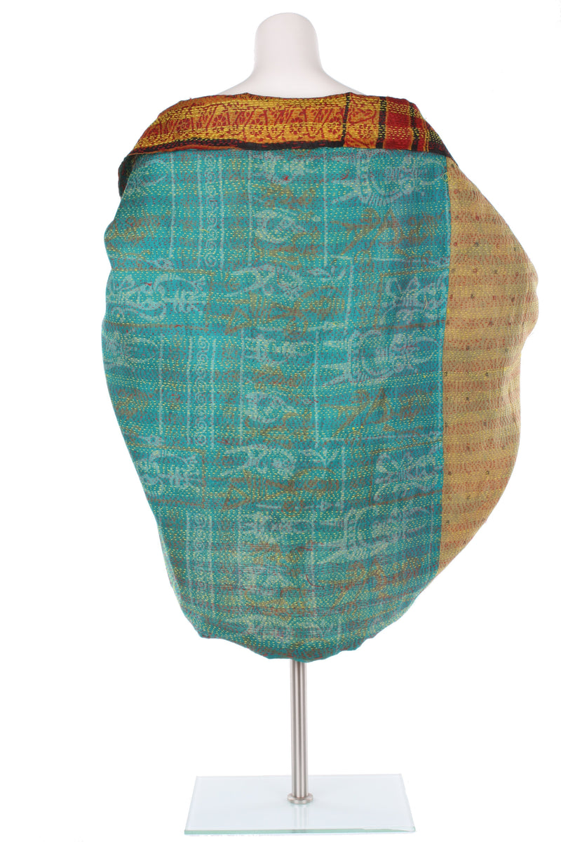 Vintage Silk Kantha Wrap - Cyan