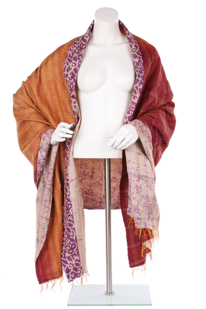 Vintage Silk Kantha Wrap - Blood Orange