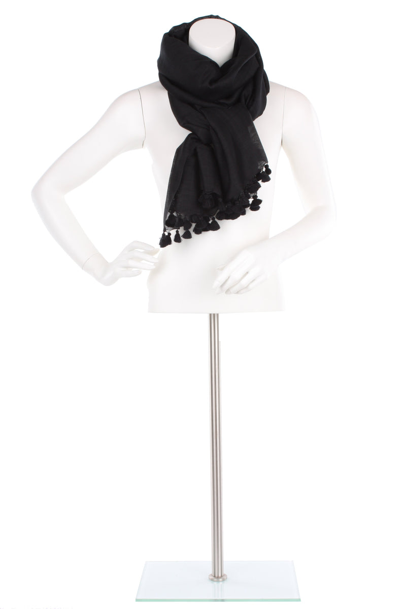 Black Oversized Silk Wool Pom Pom Scarf