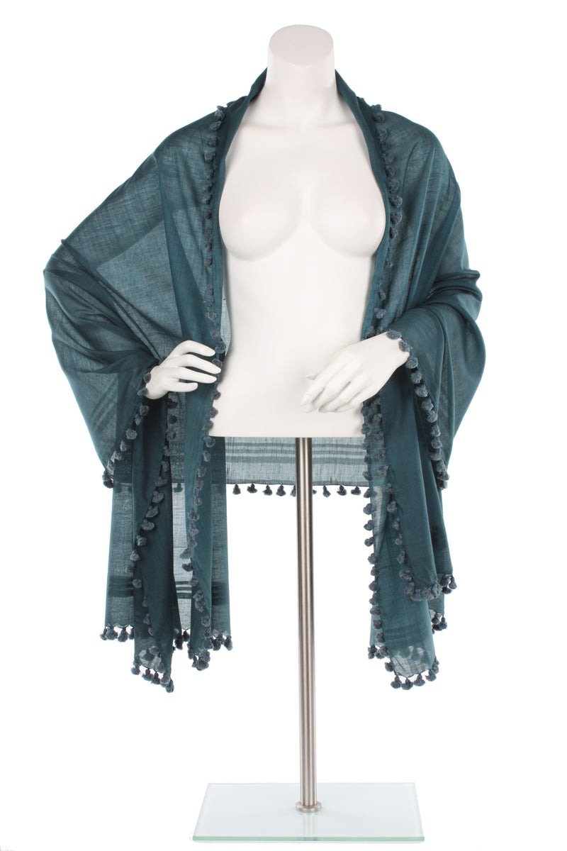 Teal Pom Pom Silk Cotton Wrap