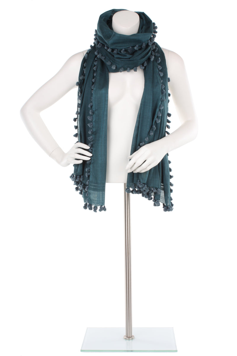 Teal Pom Pom Silk Cotton Wrap