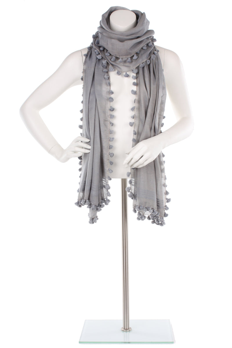 Light Grey Silk Cotton Pom Pom Wrap