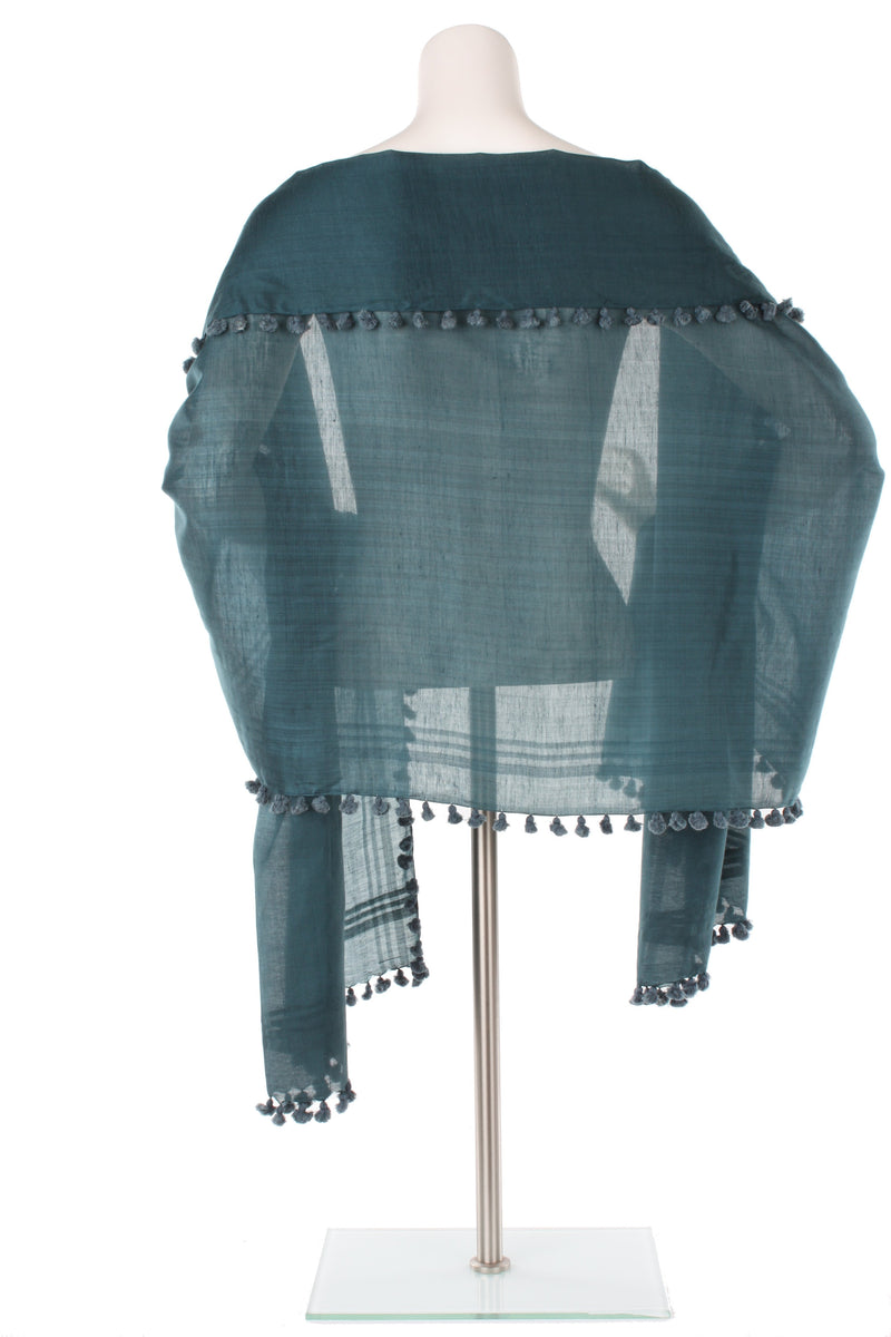 Teal Pom Pom Silk Cotton Wrap