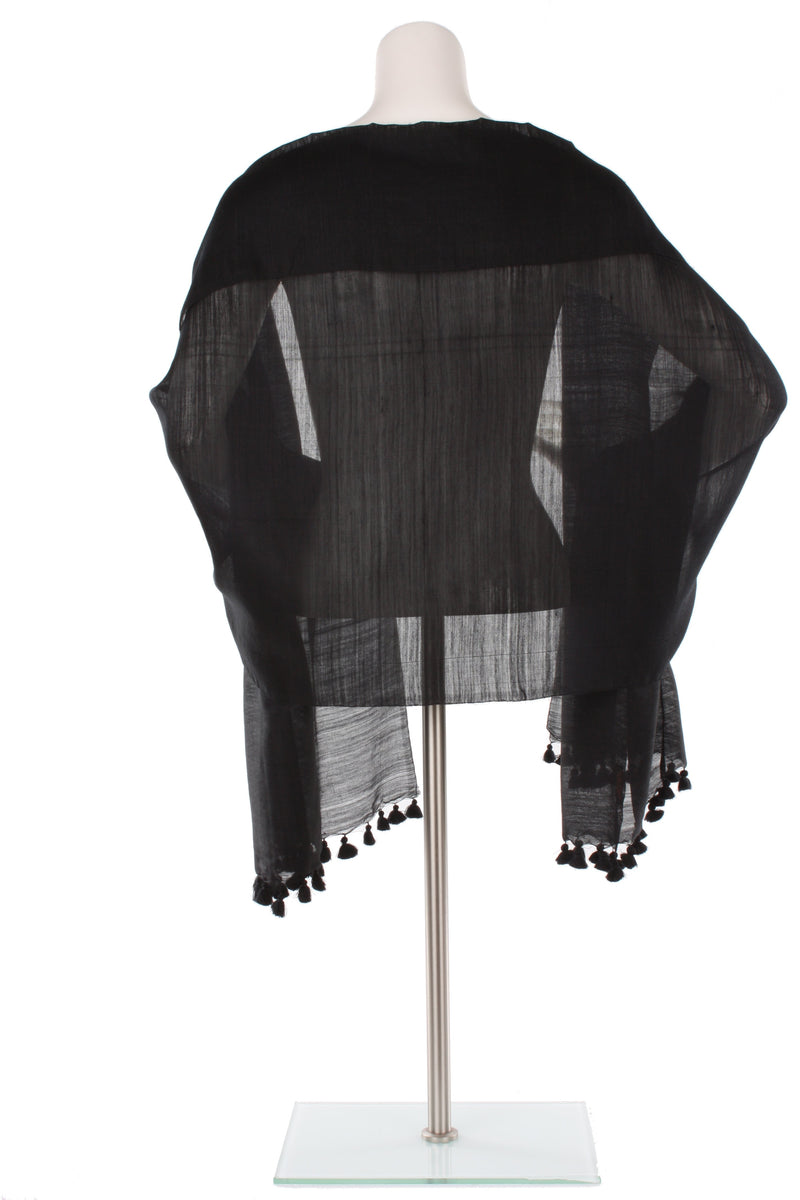Black Oversized Silk Wool Pom Pom Scarf